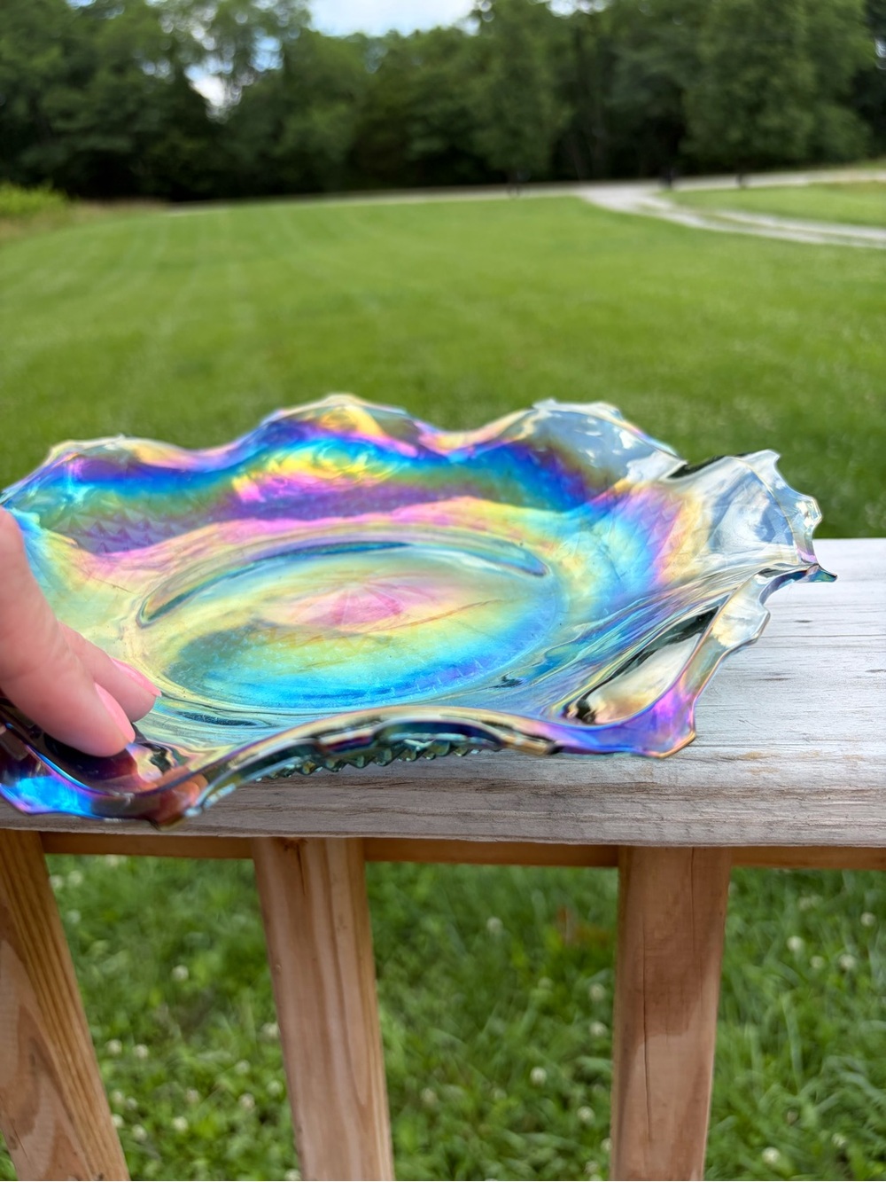 Blue Iridescent Diamond Cut Carnival Glass 10" Bowl Plate Dish Vintage Victorian - Picture 5 of 7